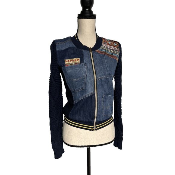 Desigual 36 Exotic Laudio Multi Textile Jean Jacket Denim Zip Up XS/4 - Picture 1 of 9